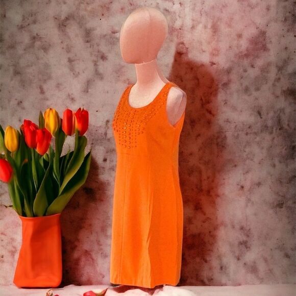 PETER NYGARD PETITE DRESS SIZE 8 ORANGE BEADED DETAIL SLEEVELESS SHEATH - Picture 7 of 7